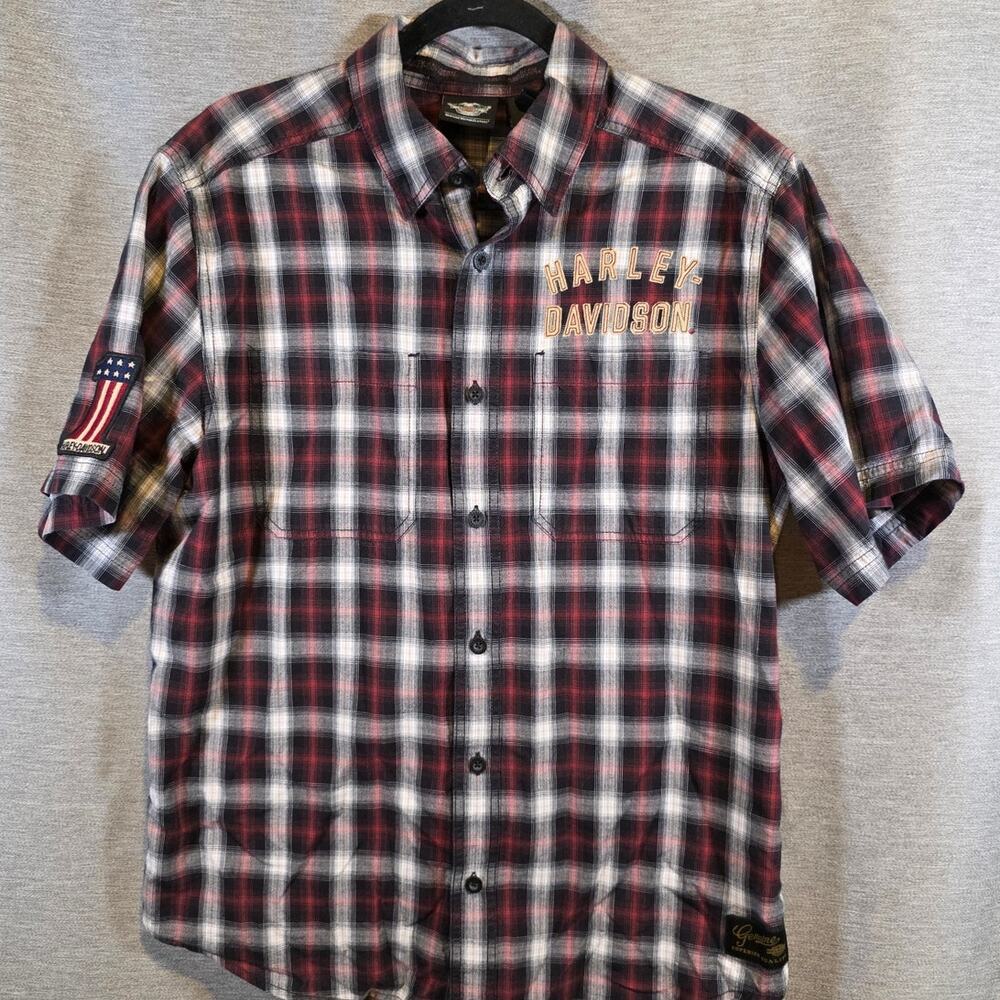 Harley-Davidson Men Sz Lg Red/Black Plaid Button Down Embroidered 1